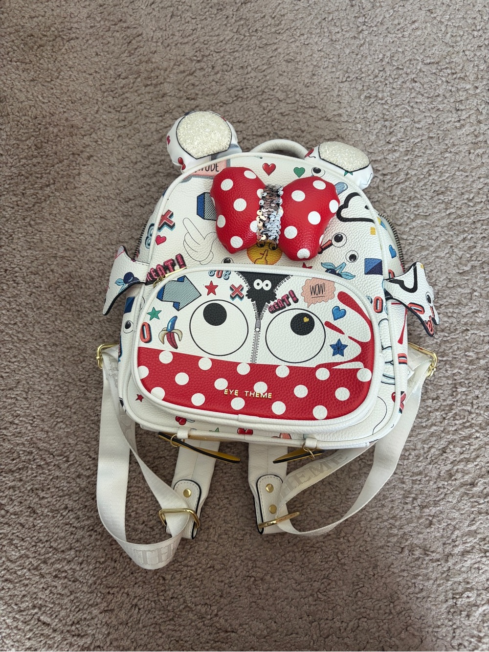 MYMO Eye Theme White Polka Dot Character Mini Backpack with Red Accents